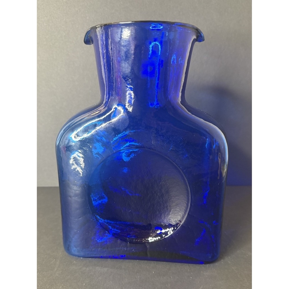 VTG Blenko Glass 384 Cobalt Blue Double Spout Water Bottle Pitcher Foil Label - Picture 5 of 13